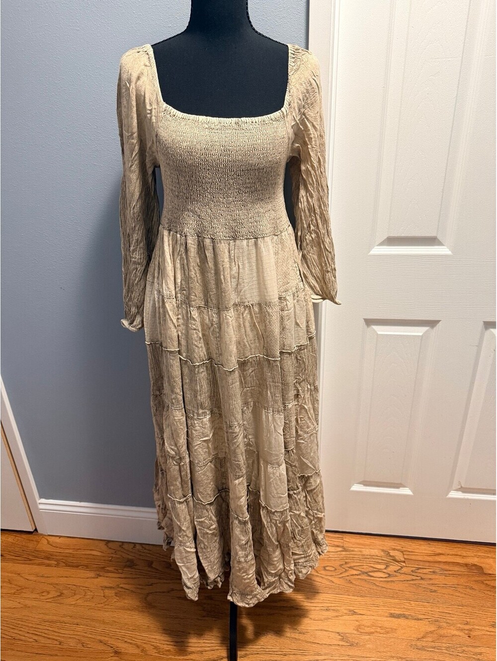 YOUNG THREADS Smocked Patchwork Boho Maxi Dress Latte NWT Medium